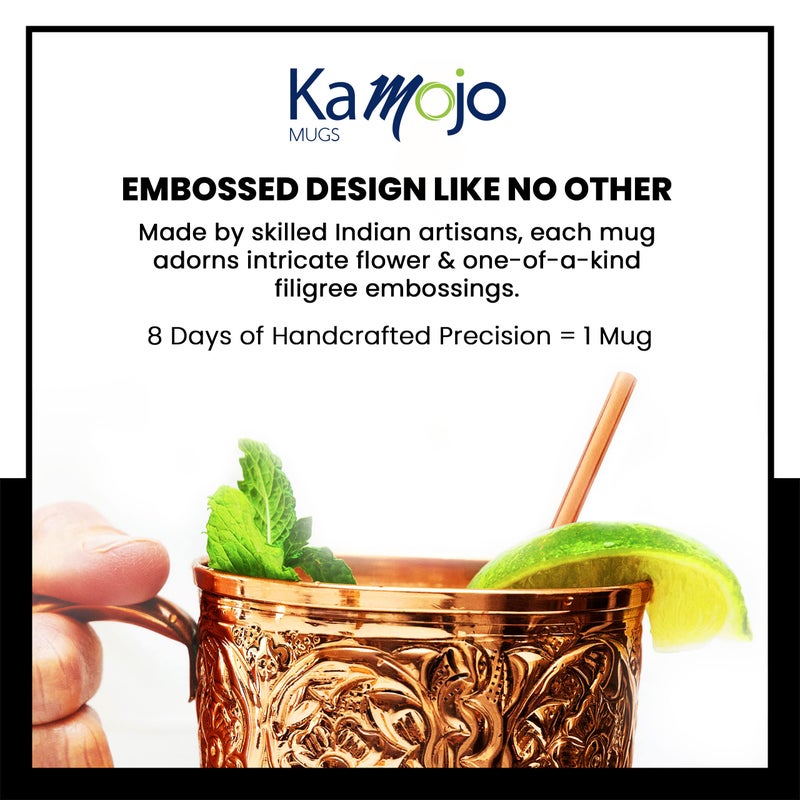 Kamojo Copper Cups Set of 2 with Unique Handcrafted Embossed Design with Anti-Tarnish Food-Grade Coating - Moscow Mule Copper Mugs Gift Set with 2 Straws & Recipe E-Book, 16 oz - Image 4